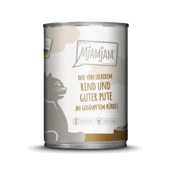 Dose Katzenfutter mit einer Silhouette einer Katze, beschriftet mit "Mjamjam" und Text auf Deutsch: "Duo von Leckerem Rind und guter Pute an gedämpftem Kürbis."