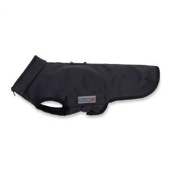 Schwarzer Hundemantel mit Reißverschluss und "WOLTERS"-Etikett, entworfen für kleine bis mittelgroße Haustiere.