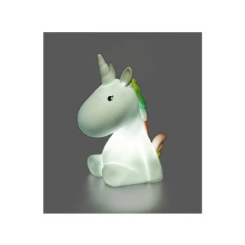 Eine süße, leuchtende Einhorn-Nachtlampe mit einem weißen Körper und einer bunten Mähne, vor einem dunklen Hintergrund.