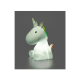Eine süße, leuchtende Einhorn-Nachtlampe mit einem weißen Körper und einer bunten Mähne, vor einem dunklen Hintergrund.