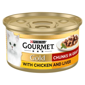 Purina Gourmet Gold cat food can featuring chunks in gravy with chicken and liver, alongside an image of a white cat.