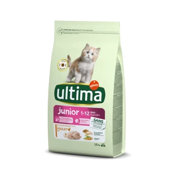 Stérilisé Junior avec du Poulet 1,5 kg Sac de nourriture pour chats Ultima pour chatons, 1,5 kg, présentant un chaton joueur sur le devant, étiqueté "junior 1-12 mois" et "poulet."