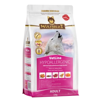 Sac de nourriture pour chien hypoallergénique Wolfsblut VetLine, 2 kg, avec un loup hurlant, mettant en avant le cheval et les patates douces comme ingrédients.