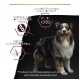Ein Hund vor schwarzem Hintergrund mit Text: "Unterstützt gesunde Haut", "Weizenfrei" und "Für ein glänzendes Fell."