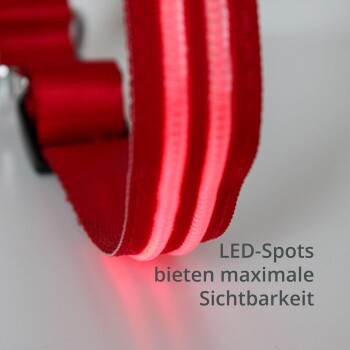 Rote Hundeleine mit LED-Punkten für Sichtbarkeit, mit dem Text "LED-Spots bieten maximale Sichtbarkeit" auf Deutsch.