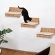 Eine schwarze Katze springt auf eine Reihe von drei geflochtenen Wandregalen mit weichen Kissen, die vor einer weißen Wand stehen.