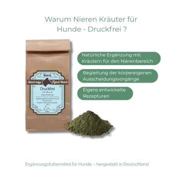 Braune Tüte „Druckfrei“ Nierenkraut für Hunde mit grünem Pulver, Vorteile auf Deutsch aufgelistet, hergestellt in Deutschland.