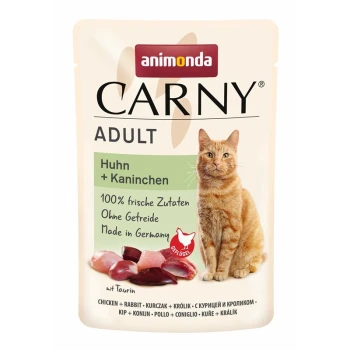 Tüte Animonda Carny Adult Katzenfutter mit Huhn und Kaninchen, beschriftet mit "100% frische Zutaten, Ohne Getreide, Made in Germany."