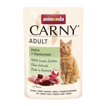 Tüte Animonda Carny Adult Katzenfutter mit Huhn und Kaninchen, beschriftet mit "100% frische Zutaten, Ohne Getreide, Made in Germany."
