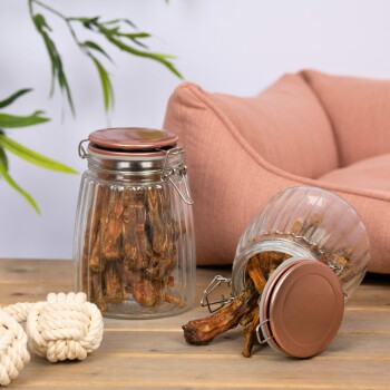 Glasbehälter gefüllt mit Hundeleckerlis, ein Behälter umgekippt mit Leckerlis, die herausfallen, neben einem Seilspielzeug, auf einem Holztisch.