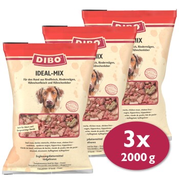 Drei Beutel DIBO Ideal-Mix Hundefutter, mit einer Mischung aus Rindfleisch, Hühnerfleisch und Hühnerleber, mit einem Gesamtgewicht von 2000 g.