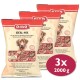 Drei Beutel DIBO Ideal-Mix Hundefutter, mit einer Mischung aus Rindfleisch, Hühnerfleisch und Hühnerleber, mit einem Gesamtgewicht von 2000 g.