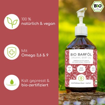 Ein Hund auf grünem Gras neben einer Flasche "BIO BARF Öl", die Vorteile für Haut, Verdauung und Energie zeigt.