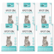 Sechs Boxen von "optipet SPOT ON ANTIPARASITE" für Katzen, die eine graue Katze und Texte in Englisch und Deutsch über Floh-, Zecken- und Milbenschutz zeigen.