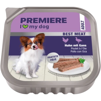 PREMIERE hondenpâtétray: Papillon, bord met pâté. Tekst: 'PREMIERE, I ♥ my dog, ADULT, BEST MEAT, Huhn mit Gans'.