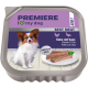 PREMIERE Hundepasteten-Schale: Papillon-Hund, Teller mit Pastete. Text: "PREMIERE, I ♥ my dog, ADULT, BEST MEAT, Huhn mit Gans."