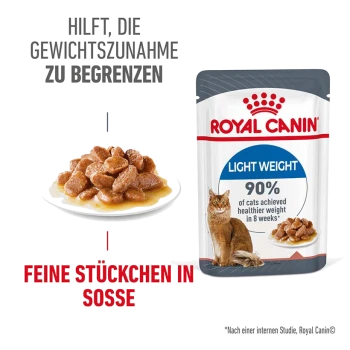Royal Canin Light Weight Katzenfutterbeutel mit einem Teller mit Nassfutter, mit Text über Gewichtsmanagement und einem Katzenbild.