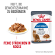 Royal Canin Light Weight Katzenfutterbeutel mit einem Teller mit Nassfutter, mit Text über Gewichtsmanagement und einem Katzenbild.