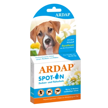 ARDAP Spot-On Verpackung für Hunde, wirksam gegen Zecken und Flöhe, enthält Pyrethrum. Geeignet für Hunde mit einem Gewicht von 10-25 kg.