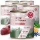 Dosen mit Tierfutter, beschriftet 'REH MIT AMARANTH' und 'VOLLWERTIGE FÜTTERUNG', 800 g, Hundesilhouette, Brokkoli und Heidelbeeren
