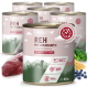 Dosen mit Tierfutter, beschriftet 'REH MIT AMARANTH' und 'VOLLWERTIGE FÜTTERUNG', 800 g, Hundesilhouette, Brokkoli und Heidelbeeren