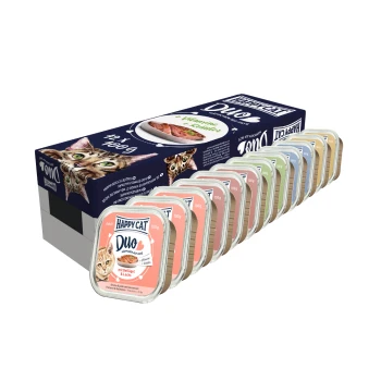 Happy Cat Duo Katzenfutterpackung mit 12 x 100g Schalen mit Geschmacksrichtungen wie Geflügel und Lachs, die Vitamine und Kräuter hervorhebt.