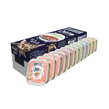 Happy Cat Duo Katzenfutterpackung mit 12 x 100g Schalen mit Geschmacksrichtungen wie Geflügel und Lachs, die Vitamine und Kräuter hervorhebt.