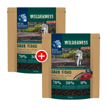 Zwei 1 kg Taschen von Real Nature Wilderness Hundefutter, "Dark Fjord", mit Rentier, Lachs und Ente (70% Fleisch, 30% andere Zutaten).