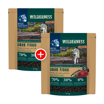 Zwei 1 kg Taschen von Real Nature Wilderness Hundefutter, "Dark Fjord", mit Rentier, Lachs und Ente (70% Fleisch, 30% andere Zutaten).