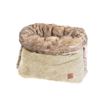 Beiges Cord-Haustierbett mit weichem Kunstfellfutter und einem kleinen braunen Lederetikett vorne.