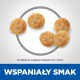 Obraz granulek karmy dla zwierząt, pokazujący pięć okrągłych kawałków o rozmiarze około 3,5 x 9 mm, z tekstem "WSPANIAŁY SMAK" na dole.