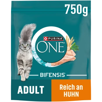 Purina ONE Bifensis kattenvoer zak, 750g, met een fluffy grijze kat, met de tekst 'ADULT' en 'Reich an Huhn' (rijk aan kip).