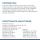 Emballage de nourriture pour animaux affichant la composition et les constituants analytiques, y compris des protéines de poulet et de dinde déshydratées, des vitamines et des minéraux.
