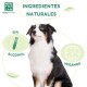 Ein schwarz-weißer Hund sitzt stolz, umgeben von Text, der "Ingredientes Naturales", "Sin Alcohol" und "Vegan Friendly" hervorhebt.