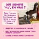 Chat la tête dans une casserole sur une cuisinière à côté du texte français « QUE SIGNIFIE 'VRAI', EN VRAI ? » et d'une liste de contrôle sur la vraie viande.