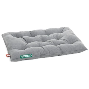 Graues Haustierbett mit gepolstertem Design, mit dem Aufdruck "Doctor Bark" auf einem grünen Etikett.