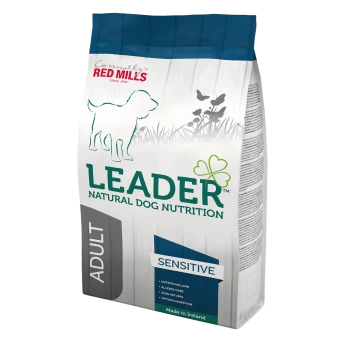 Bag of "Leader Natural Dog Nutrition" adult dog food, "Sensitive" formula with lamb, allergy care, and optimal digestion.
