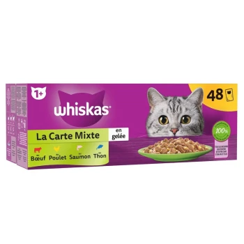 Emballage de nourriture pour chats Whiskas mettant en vedette le visage d'un chat gris, étiqueté "La Carte Mixte en gelée" avec des saveurs : bœuf, poulet, saumon, thon.