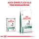 Royal Canin "Satiety Weight Management" Dosen und Beutel für Haustiere, mit einer Hundillustration und deutschem Text über die Verfügbarkeit von Trockenfutter.