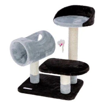 Katzenbaum mit einem grauen und schwarzen Design, das eine obere Plattform, einen Kratzbaum, einen Tunnel und ein hängendes Spielzeug umfasst.