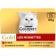 Boîte Purina Gourmet Gold Les Noisettes (12x85 g) avec chat à poil long blanc et liste de saveurs en français
