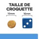 Image comparant les tailles de croquettes pour animaux : une croquette ronde de 10 mm à côté d'un dé bleu mesurant 16 mm, avec le texte "TAILLE DE CROQUETTE."