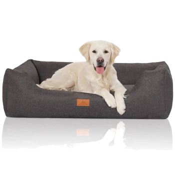 Ein Golden Retriever ruht sich bequem auf einem dunkelgrauen Haustierbett mit einem Lederetikett, das "Kruuse Wuff" trägt.