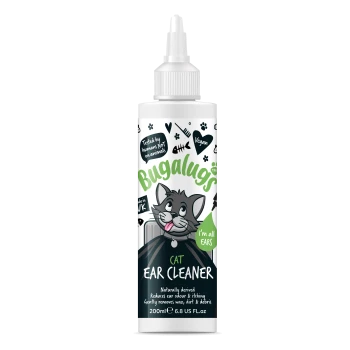 Flasche Bugalugs Katzen-Ohrreiniger mit Cartoon-Katze, beschriftet vegan, von Menschen getestet, reduziert Ohrgeruch und Juckreiz, 200ml.