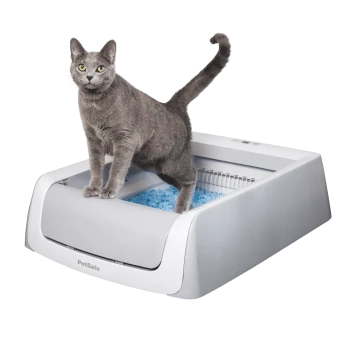 Automatische Katzenstreu-Box mit blauen Kristallstreu und einer Metallgabel, mit einem eleganten grauen und weißen Design.