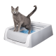Automatische Katzenstreu-Box mit blauen Kristallstreu und einer Metallgabel, mit einem eleganten grauen und weißen Design.