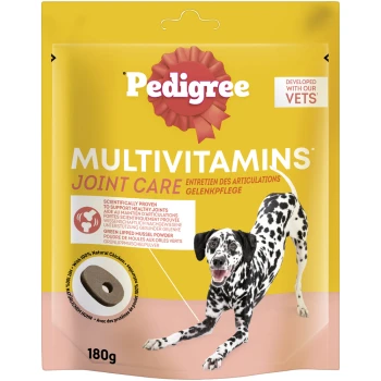 Multivitamins Gelenkpflege 180g Gelbe Packung Pedigree Multivitamine für Gelenkpflege mit einem glücklichen Dalmatiner, mit Text, der Vorteile und Inhaltsstoffe hervorhebt.