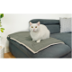 Eine flauschige weiße Katze sitzt auf einer grauen Haustiermatte, die auf einem dunkelgrauen Sofa liegt, mit einem dekorativen Kissen im Hintergrund.