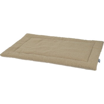 Beige rechthoekig sherpa-huisdiermatje met gewatteerde rand, zacht fleece-oppervlak en een klein wit label met blauwe tekst.