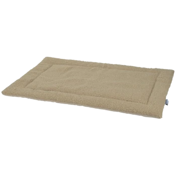 Beige rechthoekig sherpa-huisdiermatje met gewatteerde rand, zacht fleece-oppervlak en een klein wit label met blauwe tekst.